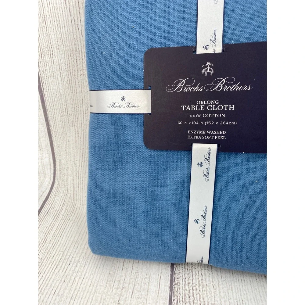 Brooks Brothers Tablecloth 60x104 Blue 100% Cotton Enzyme Washed Soft Oblong